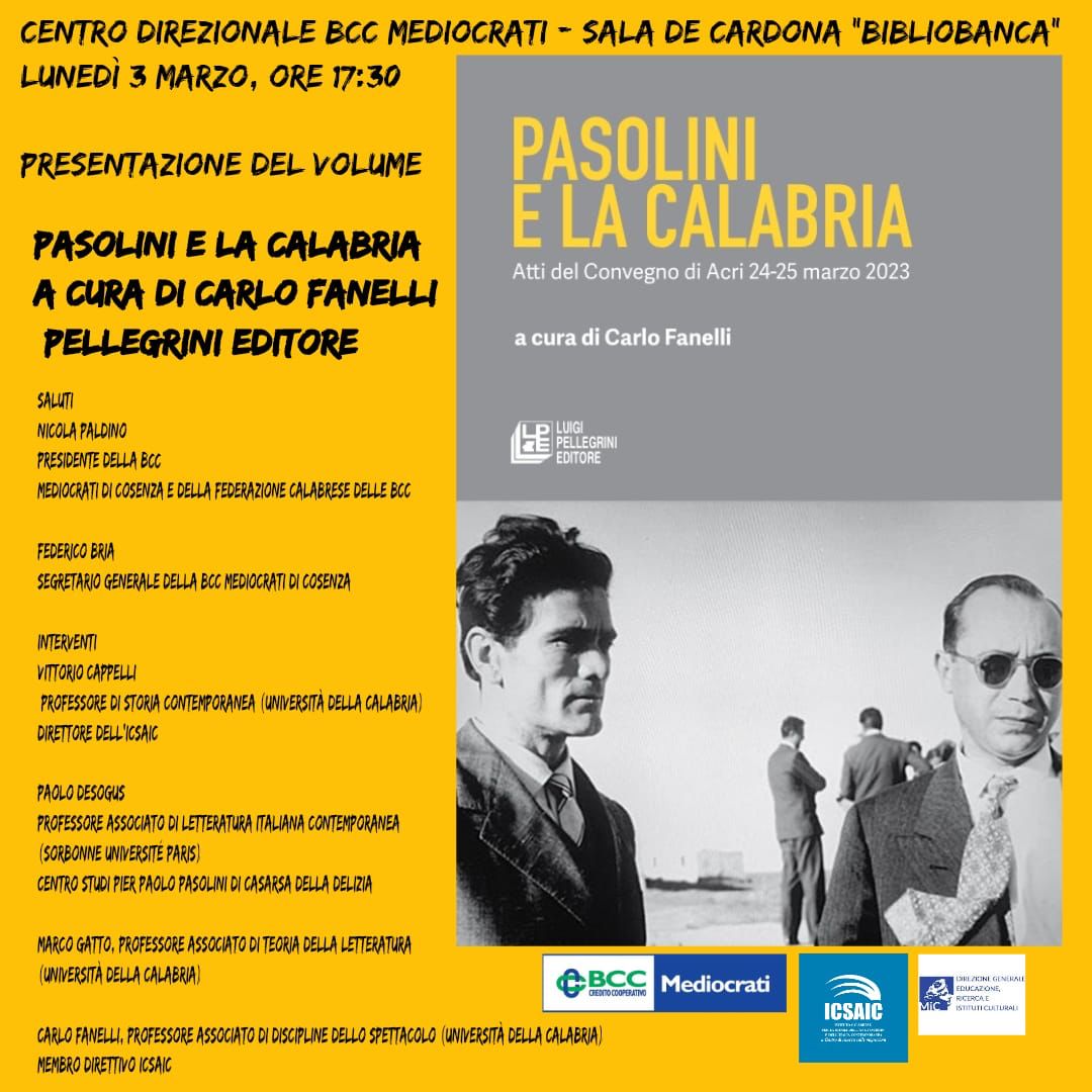 Presentazione alla BCC di Rende di “Pasolini e la Calabria”, curato da Fanelli per l’ICSAIC